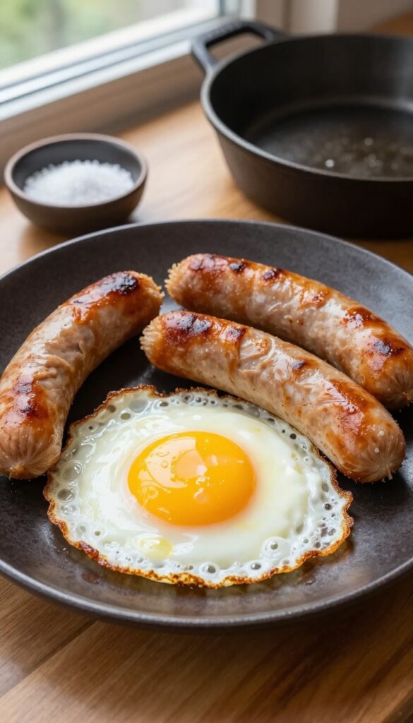 Pork sausage patties with fried eggs on a plate