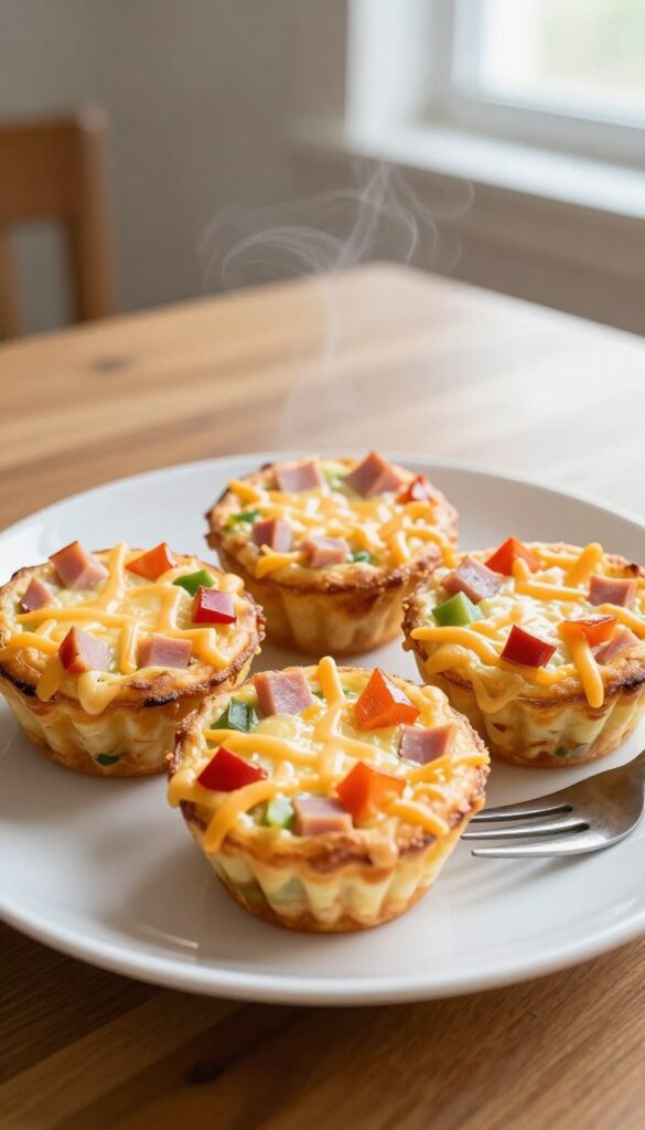 Mini frittatas with ham and bell pepper in a muffin tin, golden and fluffy.