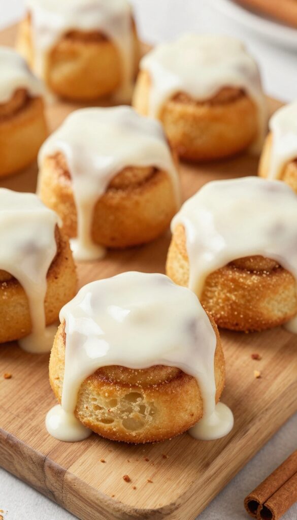 Cinnamon roll bites with cream cheese glaze on a wooden board