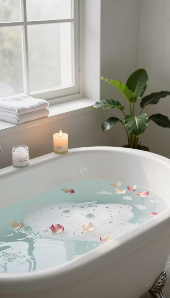 A peaceful bathroom with a clawfoot bathtub, candle, and natural light, evoking a relaxing bath experience.