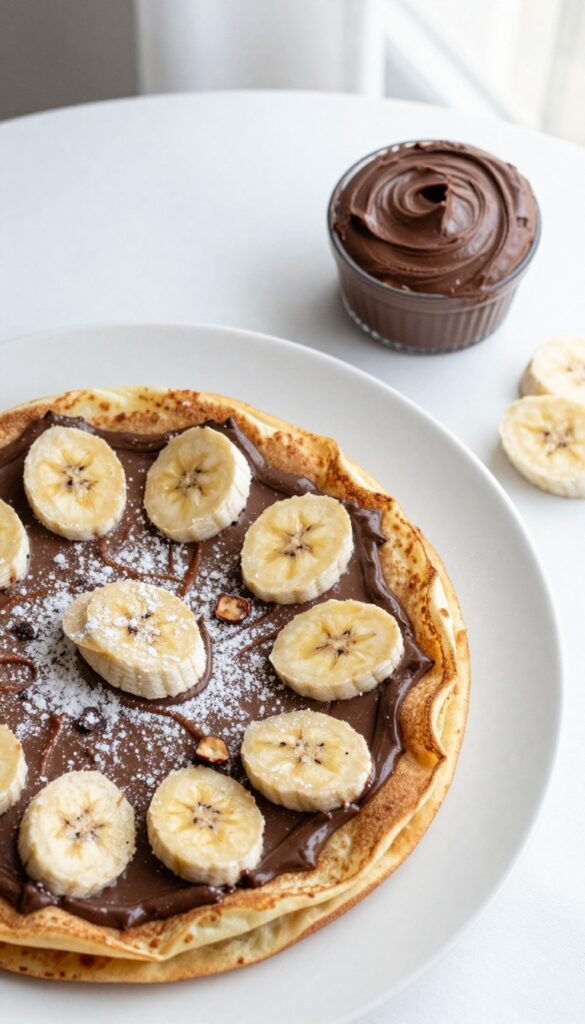 Chocolate hazelnut banana crepe dusted with powdered sugar on a white plate