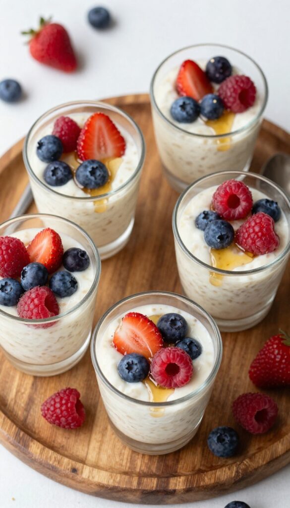 Overnight oats shooters in small glasses with mixed berries and honey drizzle on a wooden tray