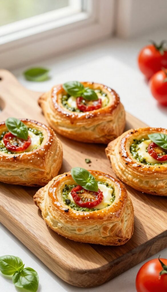 Pesto and tomato puff pastry pinwheels on a wooden board