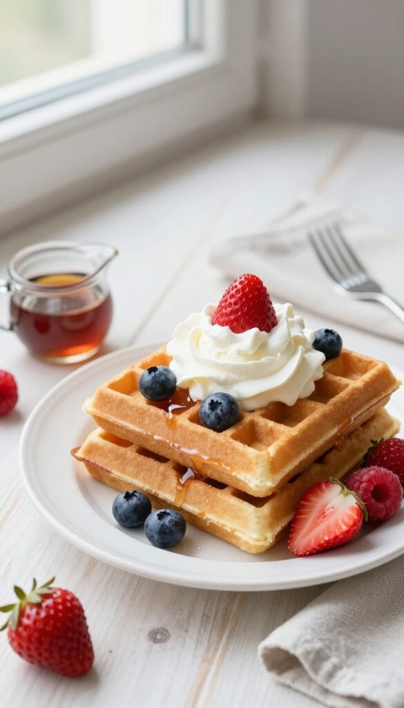 Fluffy Belgian waffles with whipped cream and fresh berries on a plate
