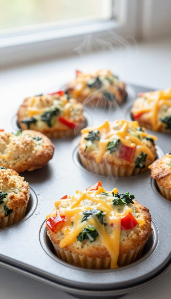 Egg and veggie muffin cups in a muffin tin with bell peppers, spinach, and cheese.