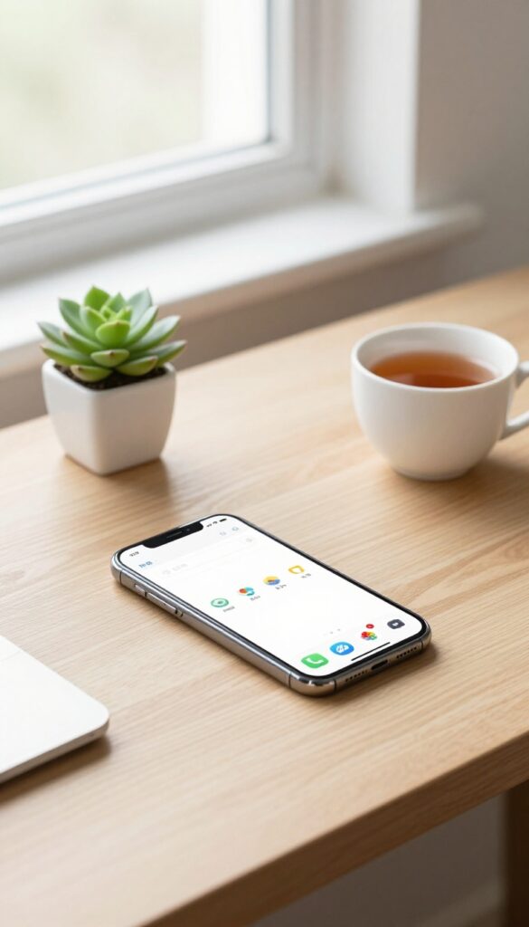 A clean desk with a smartphone, succulent, and tea in soft natural light