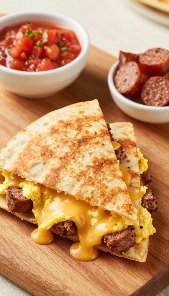 Sausage patty breakfast quesadilla wedges on a wooden board with salsa
