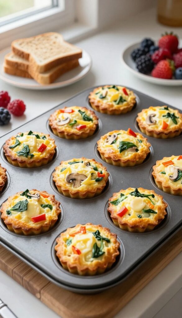 Freshly baked vegetable egg muffins in a muffin tin with whole-grain toast and berries on a wooden counter