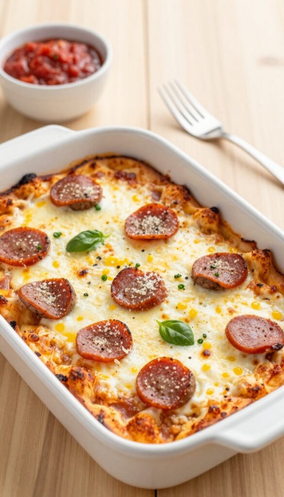 Sausage and pepperoni pizza breakfast casserole in a baking dish with marinara dipping sauce