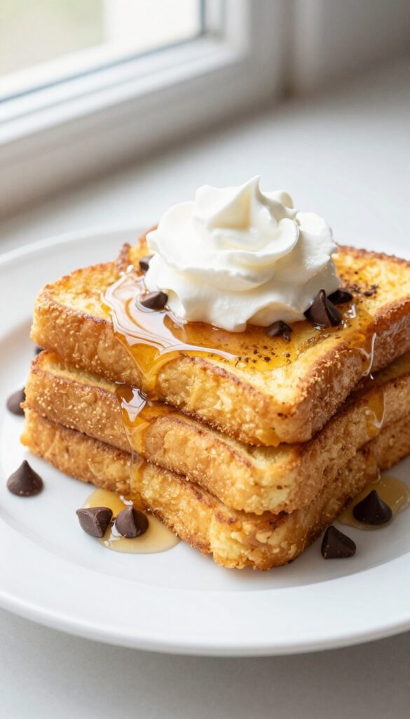 Stack of chocolate chip French toast with maple syrup and whipped cream