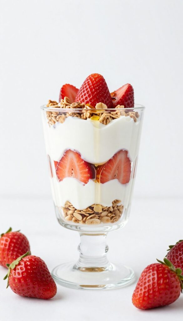 Strawberry yogurt parfait in a glass with layers of yogurt, strawberries, and granola