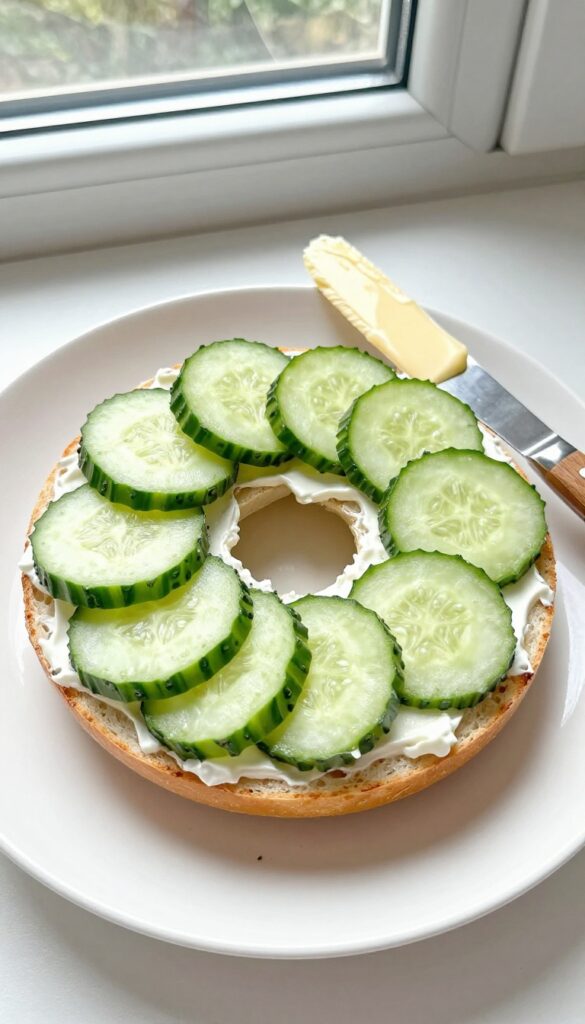 Toasted bagel with cream cheese and cucumber slices on a white plate