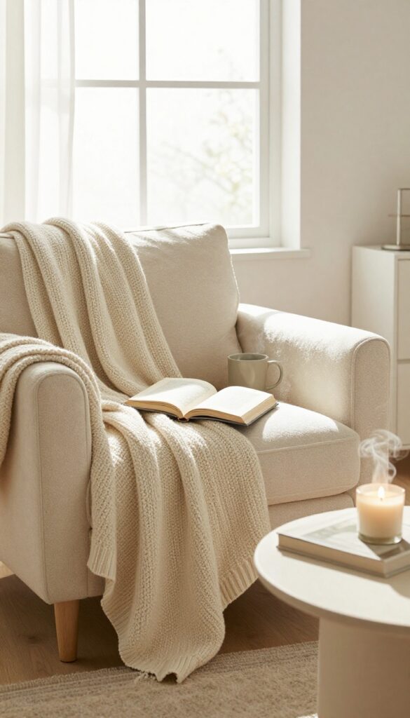 Cozy reading nook with armchair, blanket, book, and warm drink in natural light