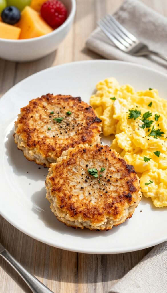 Two crispy tuna breakfast patties served with scrambled eggs and fresh fruit on a white plate.