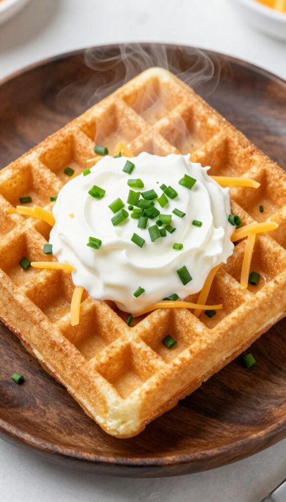 Golden crispy savory waffle topped with sour cream, cheddar cheese, and fresh chives on a dark plate.
