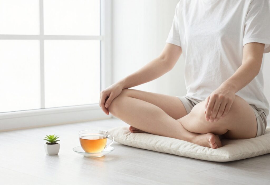 Person meditating by a window with tea and plant, calm atmosphere