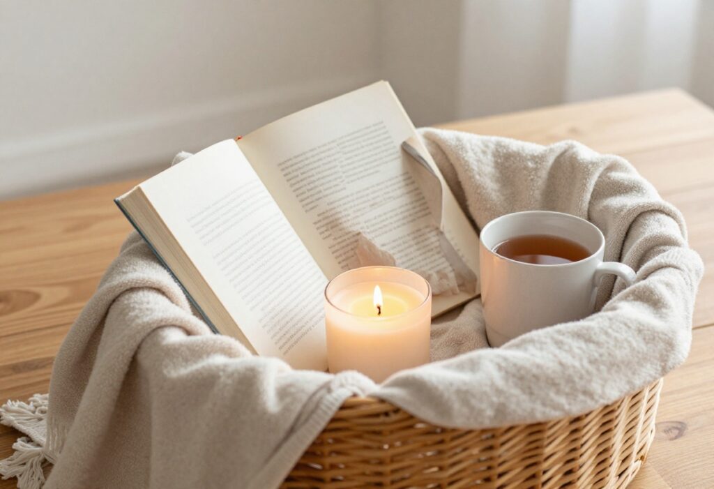 Self-care basket with blanket, candle, book, and tea on a wooden table
