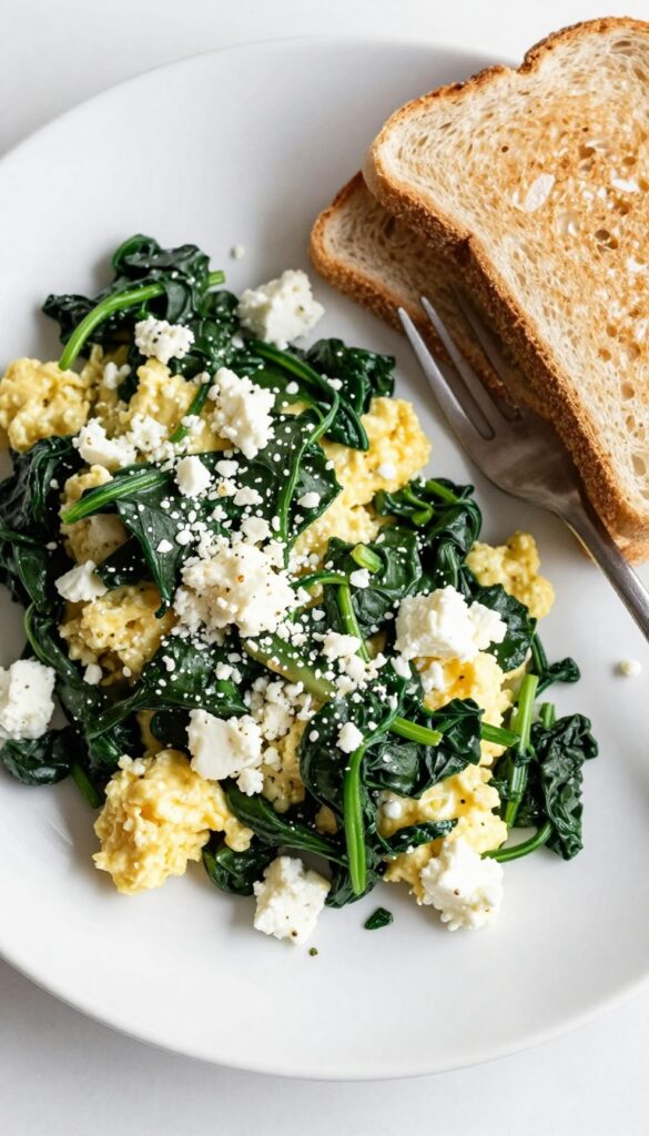 Scrambled eggs with spinach and feta on a plate with whole wheat toast.