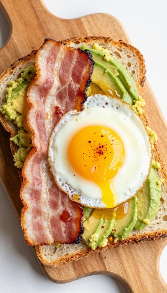 Bacon and fried egg avocado toast on sourdough with runny yolk and red pepper flakes