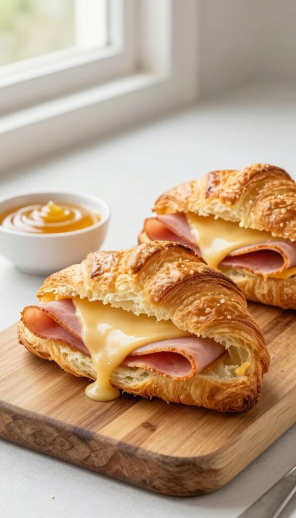 Air fryer ham and cheese croissant on a wooden board with honey mustard dip