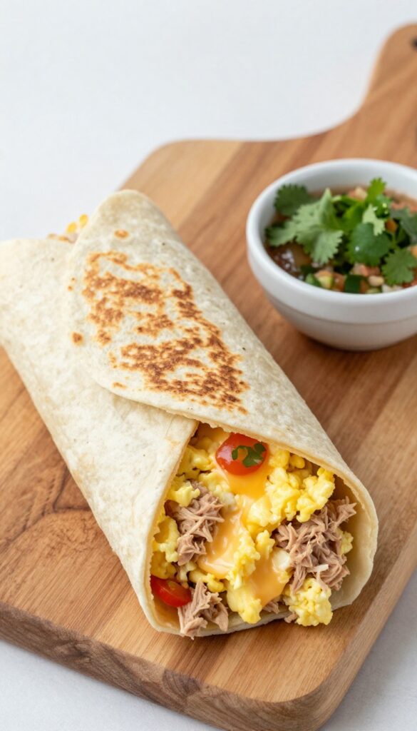 Tuna breakfast burrito cut in half showing scrambled eggs, tuna, cheese, and salsa inside, with a bowl of salsa on the side