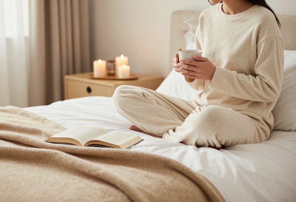Cozy self-care evening setup with candles, tea, and a book