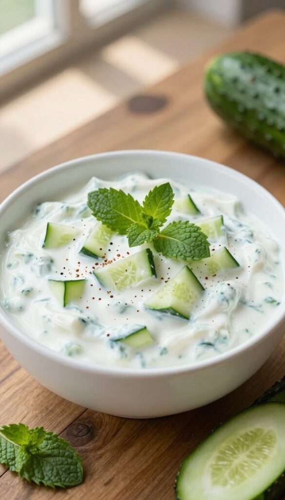 Bowl of cucumber raita with mint and cumin on wooden table