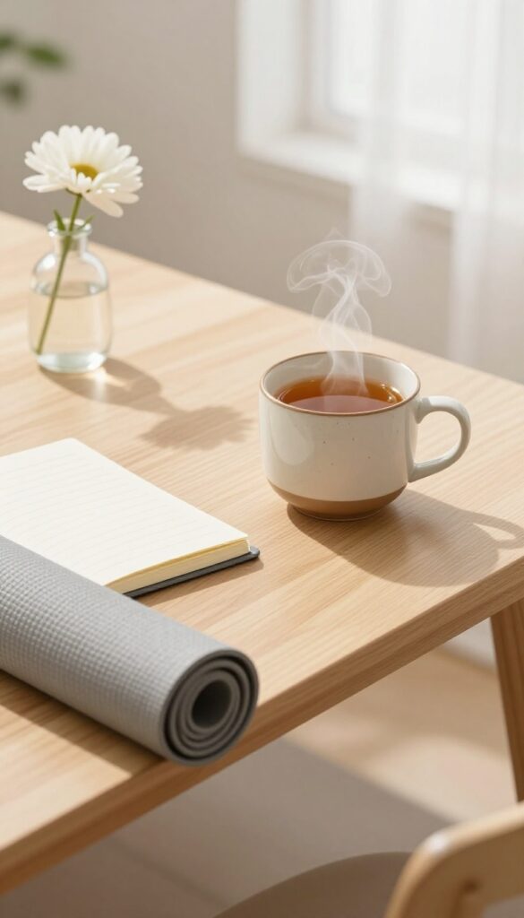 A calm morning ritual setup with tea, journal, and yoga mat by a sunny window