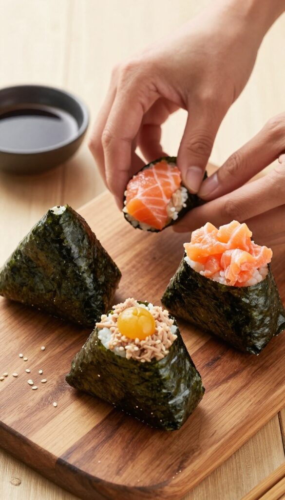 Three Japanese onigiri rice balls with different fillings on a wooden board