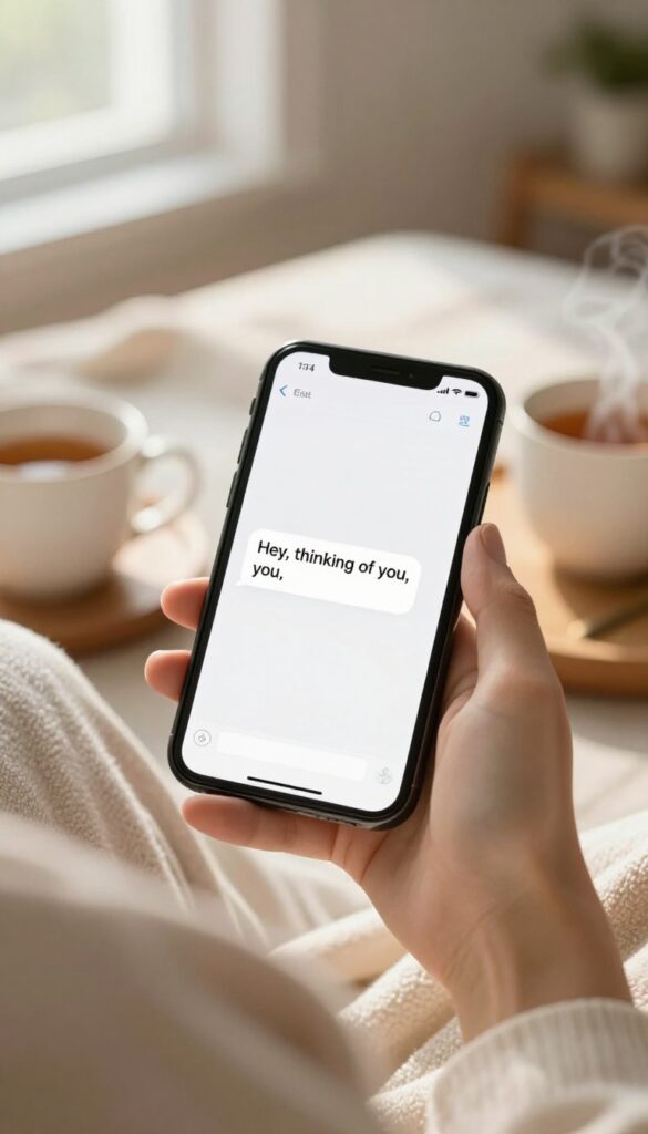 Woman sending a thoughtful text message to a friend in a cozy sunlit room