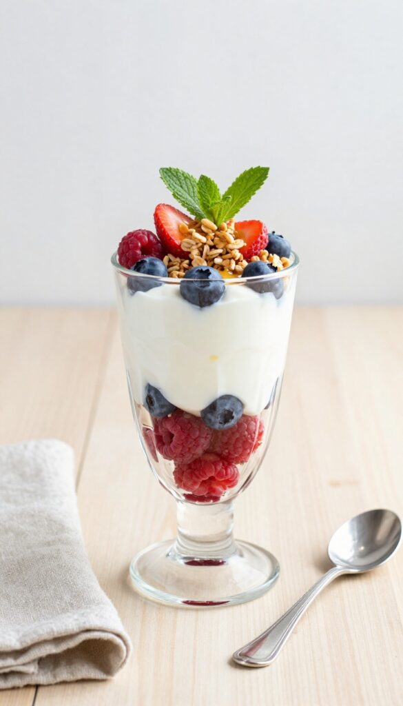 Berry and yogurt parfait with granola in a glass, garnished with mint, on a wooden table in natural light.