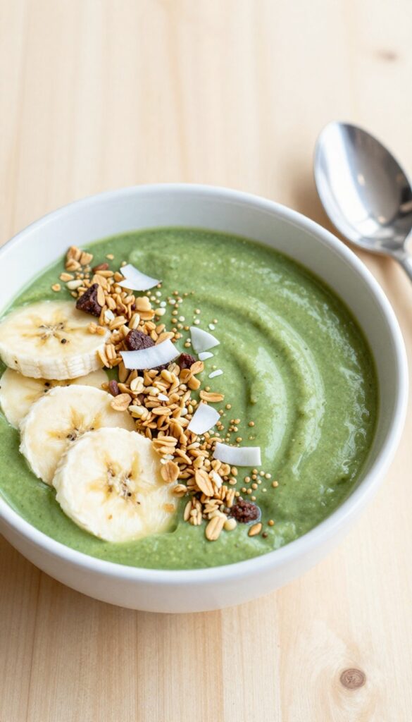 Green smoothie bowl with spinach and mango, topped with banana, granola, coconut flakes, and hemp seeds, served in a white bowl on a wooden table.
