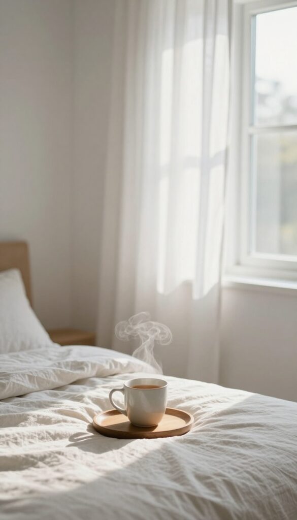 Peaceful screen-free morning in a bright bedroom with natural light and a warm cup of tea