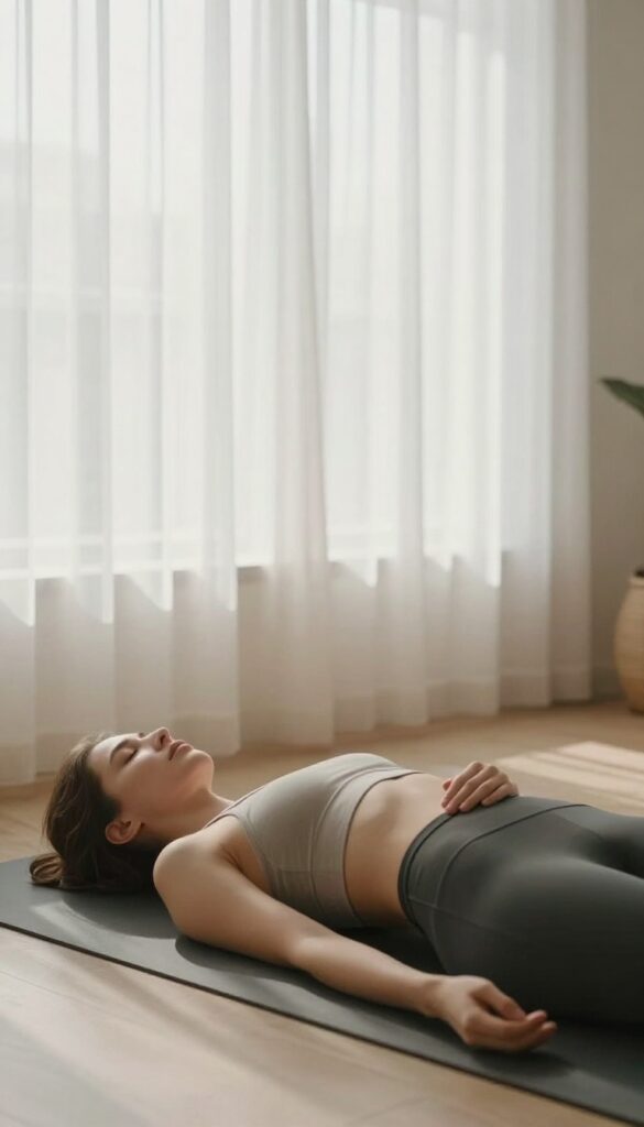 Woman lying on yoga mat listening to guided meditation on phone in bright, peaceful room