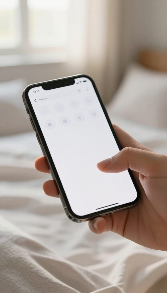 A hand holding a smartphone with a clean home screen in a sunlit bedroom, representing a digital declutter for a peaceful morning.