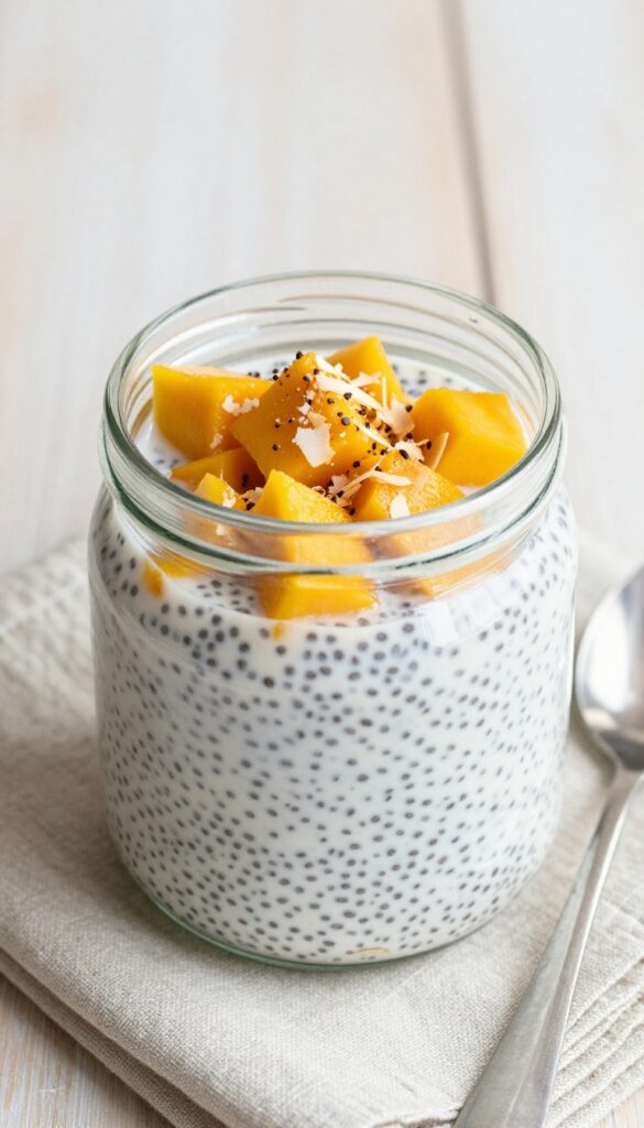 Chia pudding with mango and coconut in a glass jar on a wooden table
