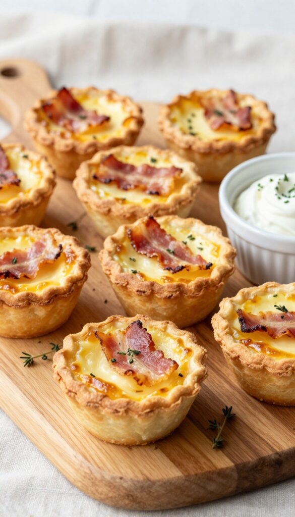 Mini quiche Lorraine bites on a wooden platter with thyme and chive cream, family-style wedding brunch.