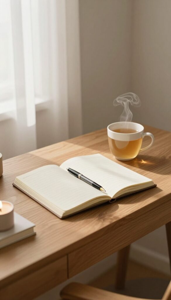 Cozy gratitude journaling setup with notebook, pen, tea, and candle in soft morning light