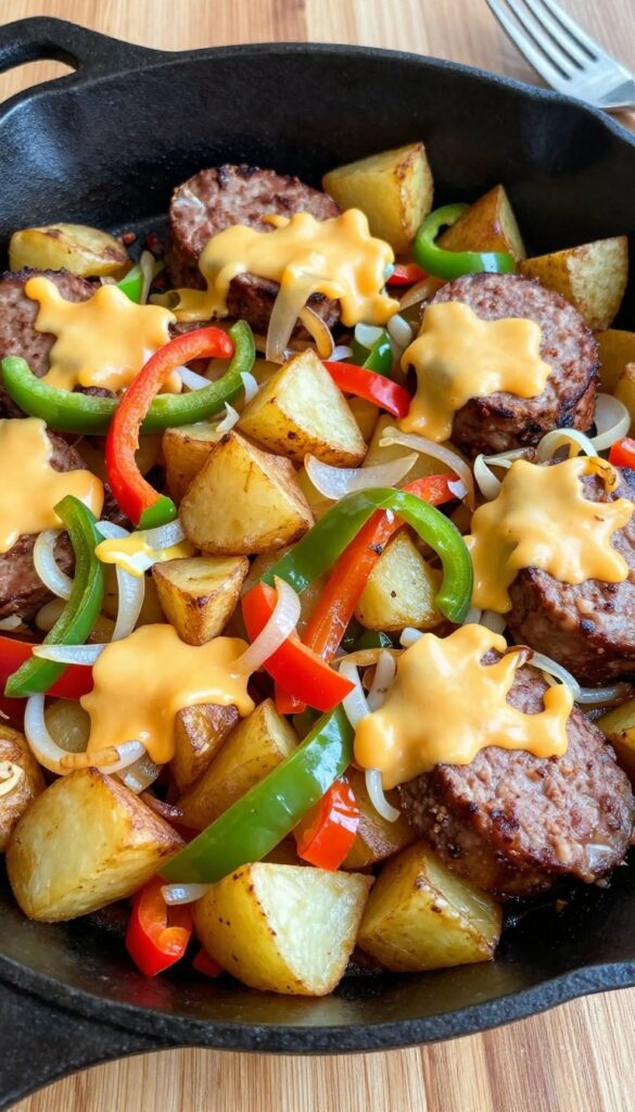 Sausage and pepper breakfast skillet with melted cheese in a cast iron pan.