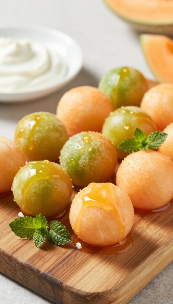 Cherry tomato and melon skewers on a wooden board with honey and mint, bright natural light