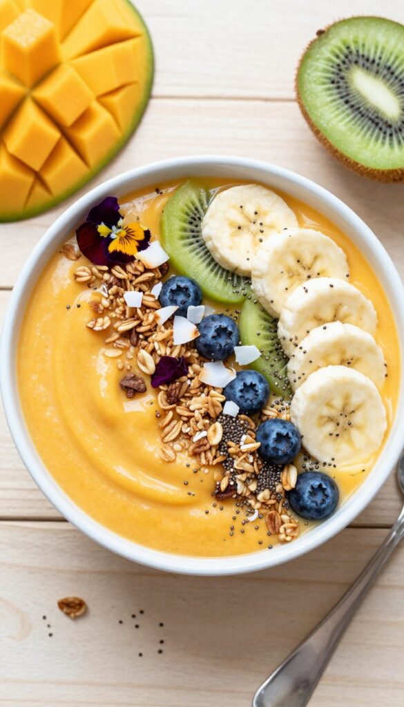 Mango coconut smoothie bowl with granola, coconut flakes, and fresh fruit toppings on a wooden table.