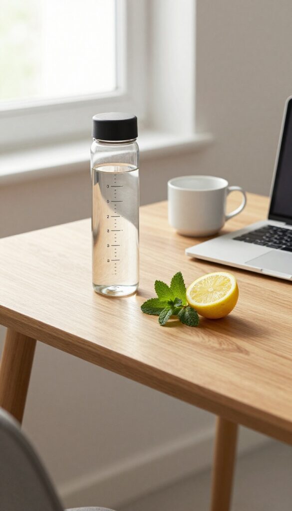 Reusable water bottle with lemon and mint on a desk next to a laptop