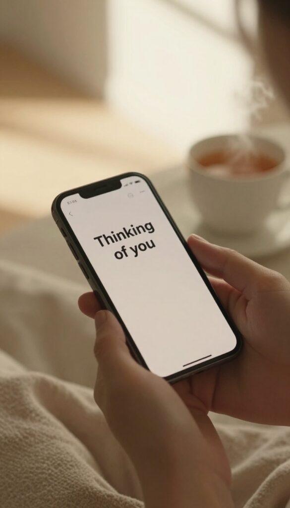 Hand holding smartphone with a thoughtful text message in a cozy, sunlit room