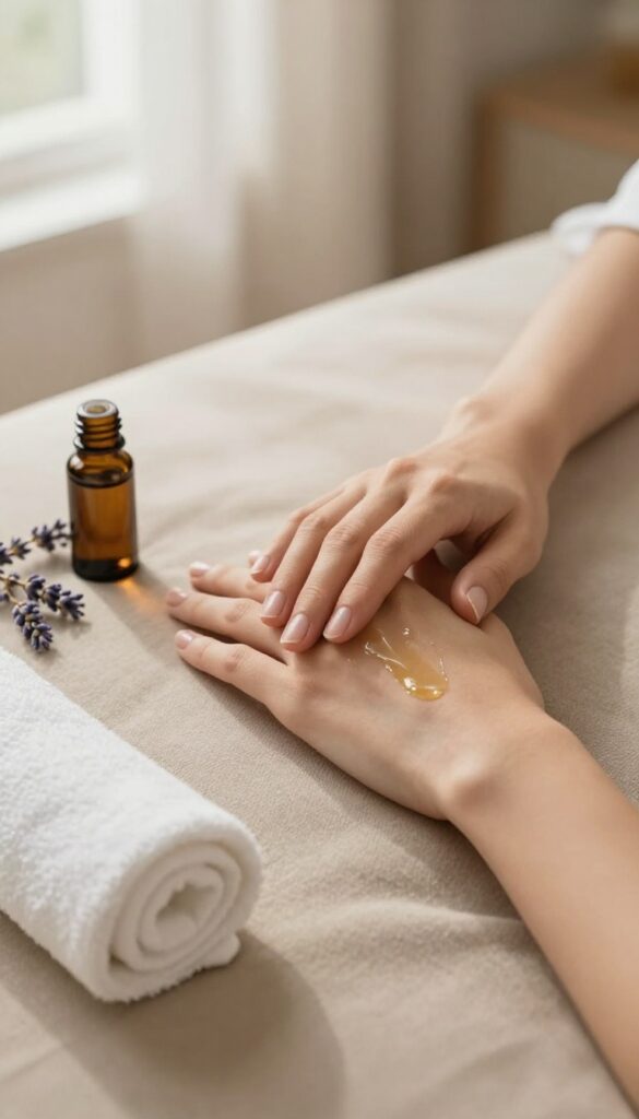Woman giving herself a hand massage with body oil on a couch, cozy self-care scene