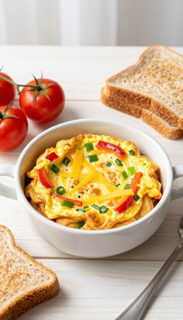 Fluffy microwave mug omelette with bell pepper and cheese, served with toast and cherry tomatoes.