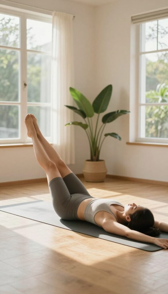 Person doing a gentle yoga pose on a mat in a bright, peaceful room