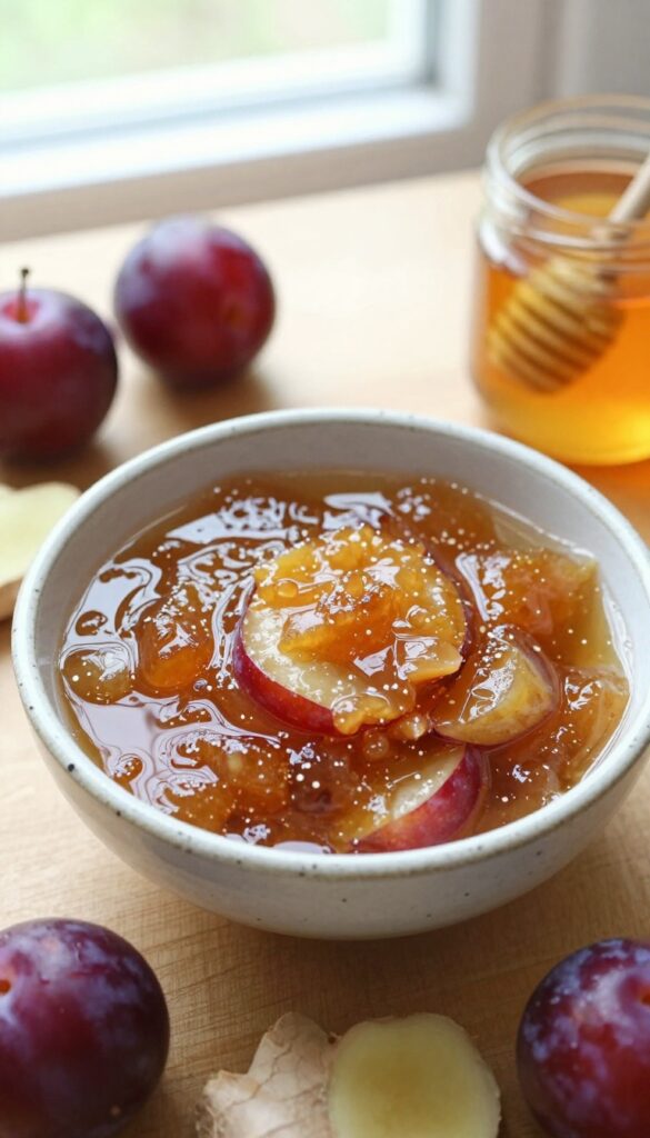 Plum and ginger compote in a bowl with fresh plums, ginger, and honey on a wooden table.