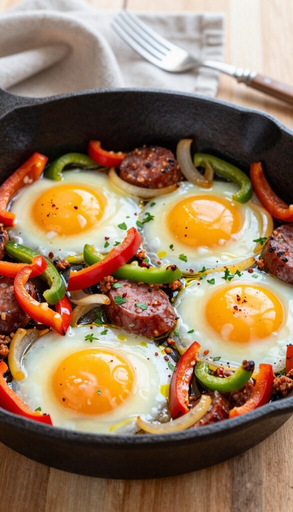 Spicy sausage and pepper skillet with eggs cooked on top in a cast-iron pan.
