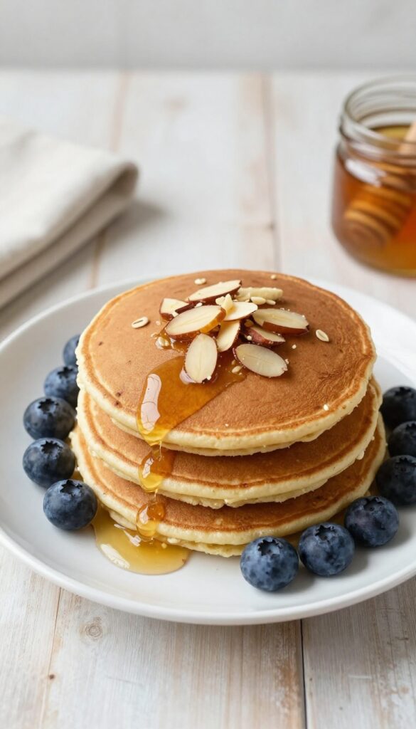 Stack of banana oat pancakes with honey and almonds on a plate