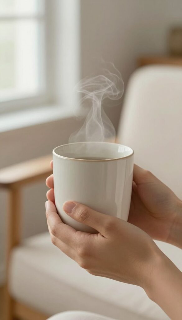 Hands holding a warm mug of tea in a cozy home setting
